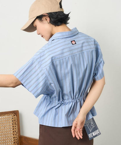 特別款 條紋 腰部蝴蝶結 半拉鍊 短袖襯衫