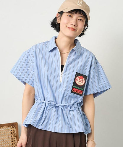 特別款 條紋 腰部蝴蝶結 半拉鍊 短袖襯衫