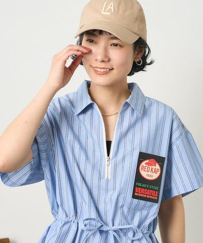 特別款 條紋 腰部蝴蝶結 半拉鍊 短袖襯衫