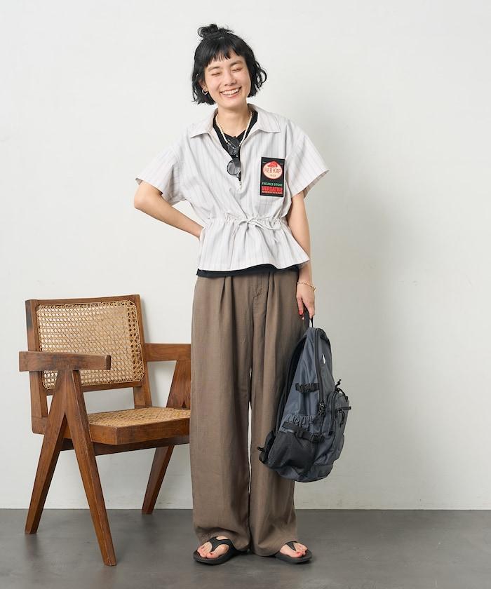 特別款 條紋 腰部蝴蝶結 半拉鍊 短袖襯衫