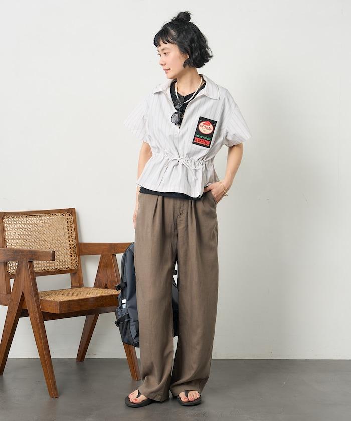 特別款 條紋 腰部蝴蝶結 半拉鍊 短袖襯衫