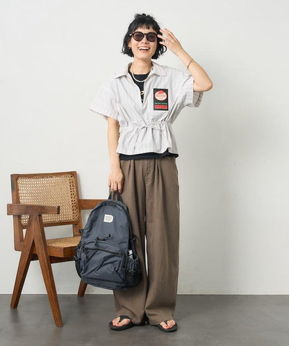 特別款 條紋 腰部蝴蝶結 半拉鍊 短袖襯衫