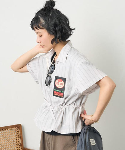 特別款 條紋 腰部蝴蝶結 半拉鍊 短袖襯衫