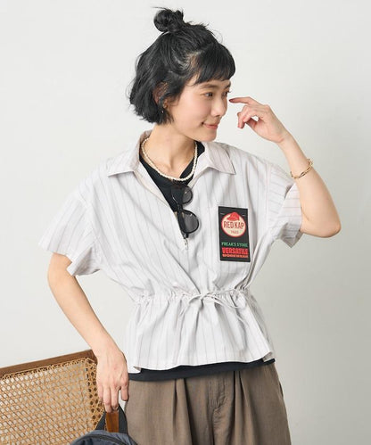 特別款 條紋 腰部蝴蝶結 半拉鍊 短袖襯衫