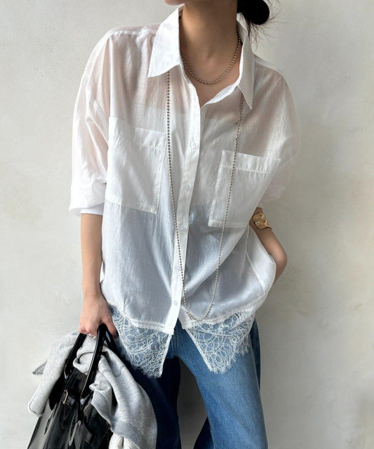 下襬蕾絲拼接 透紗襯衫