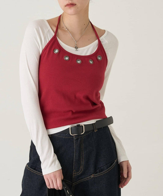 鏤空掛脖疊穿設計上衣