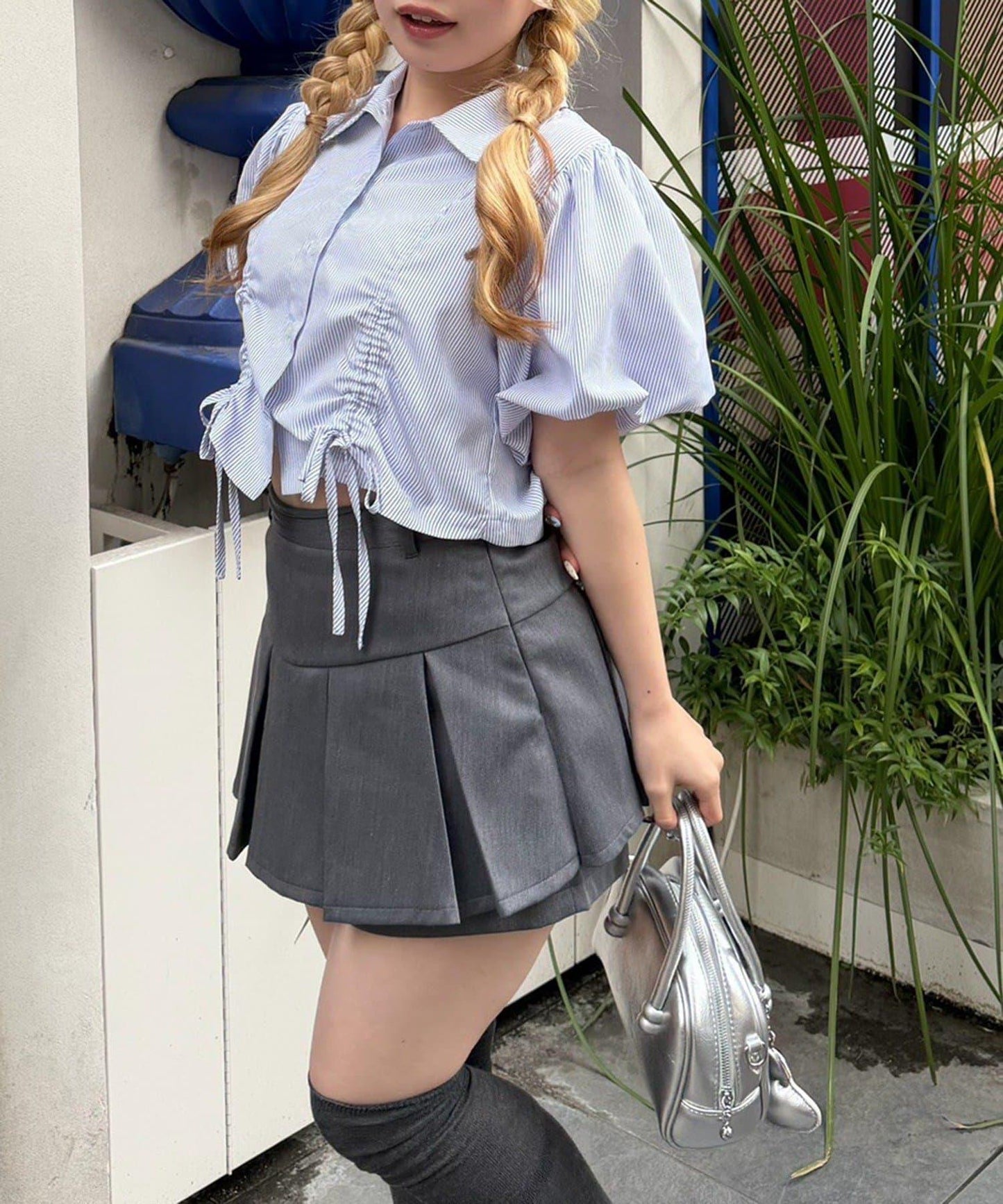 泡泡袖 抽繩設計 短款 襯衫