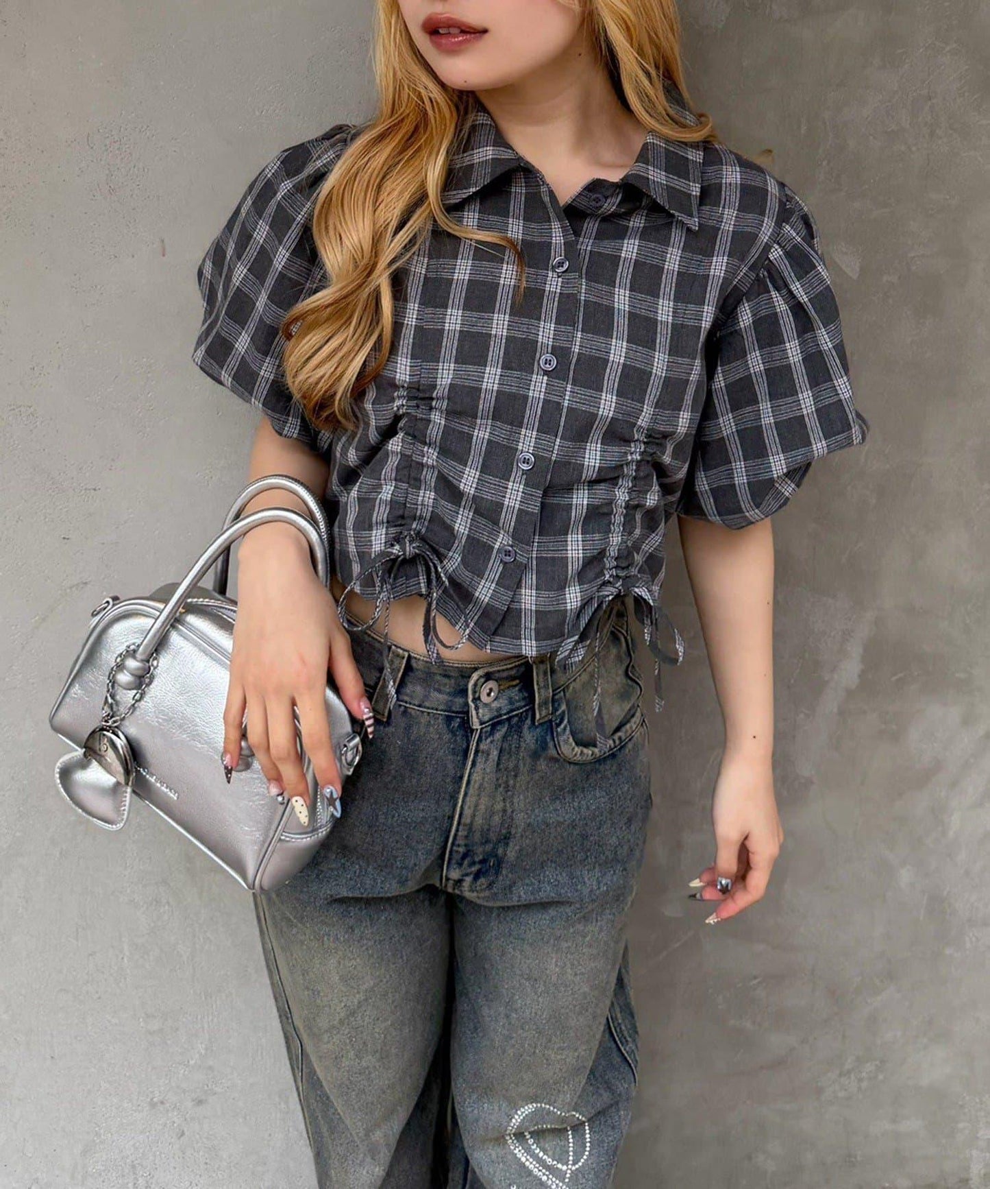 泡泡袖 抽繩設計 短款 襯衫