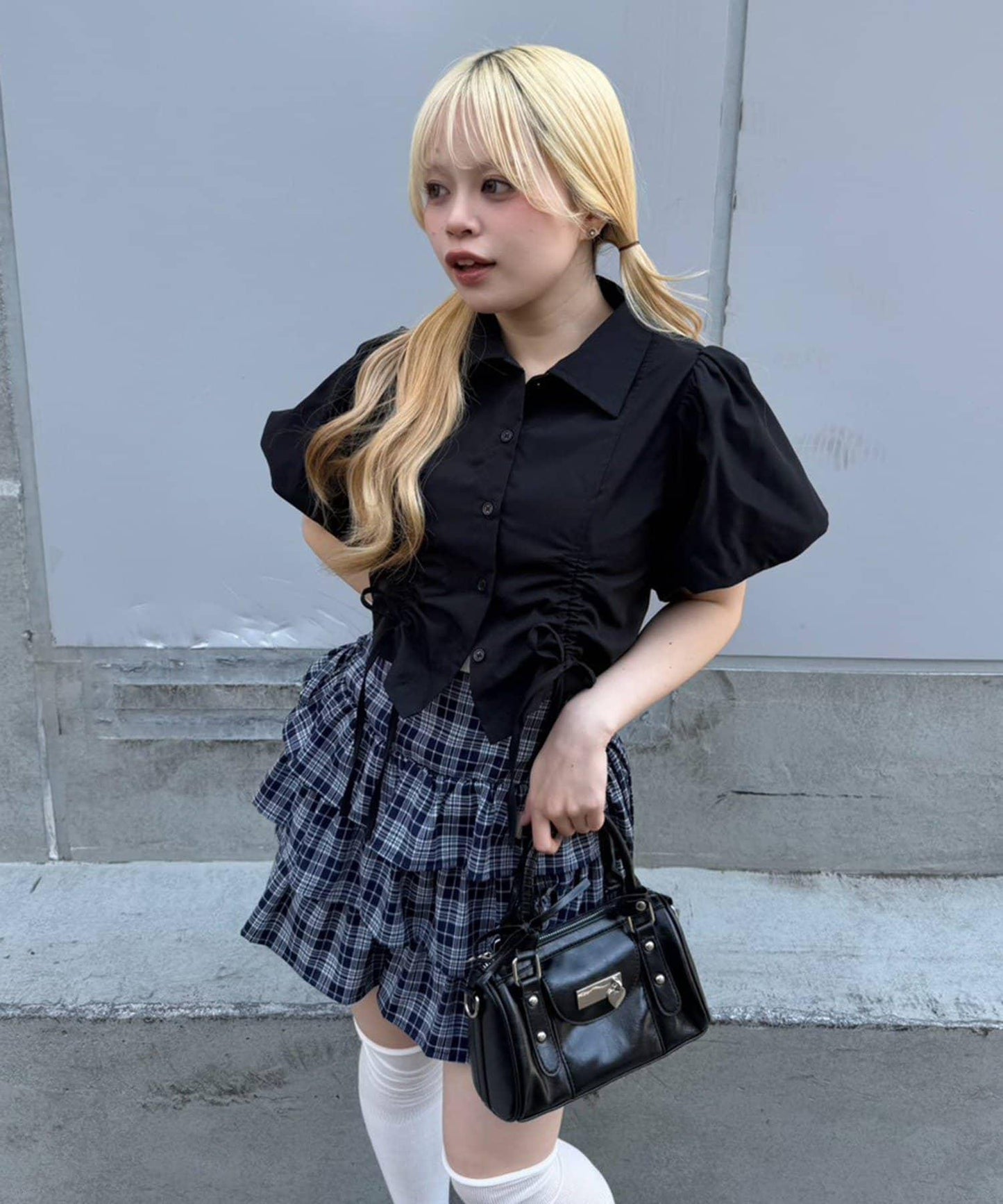 泡泡袖 抽繩設計 短款 襯衫