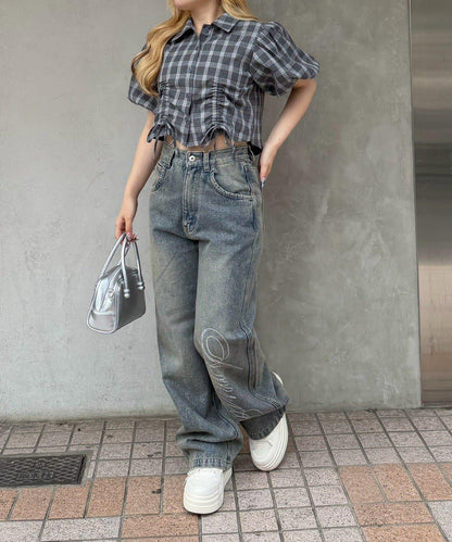 泡泡袖 抽繩設計 短款 襯衫