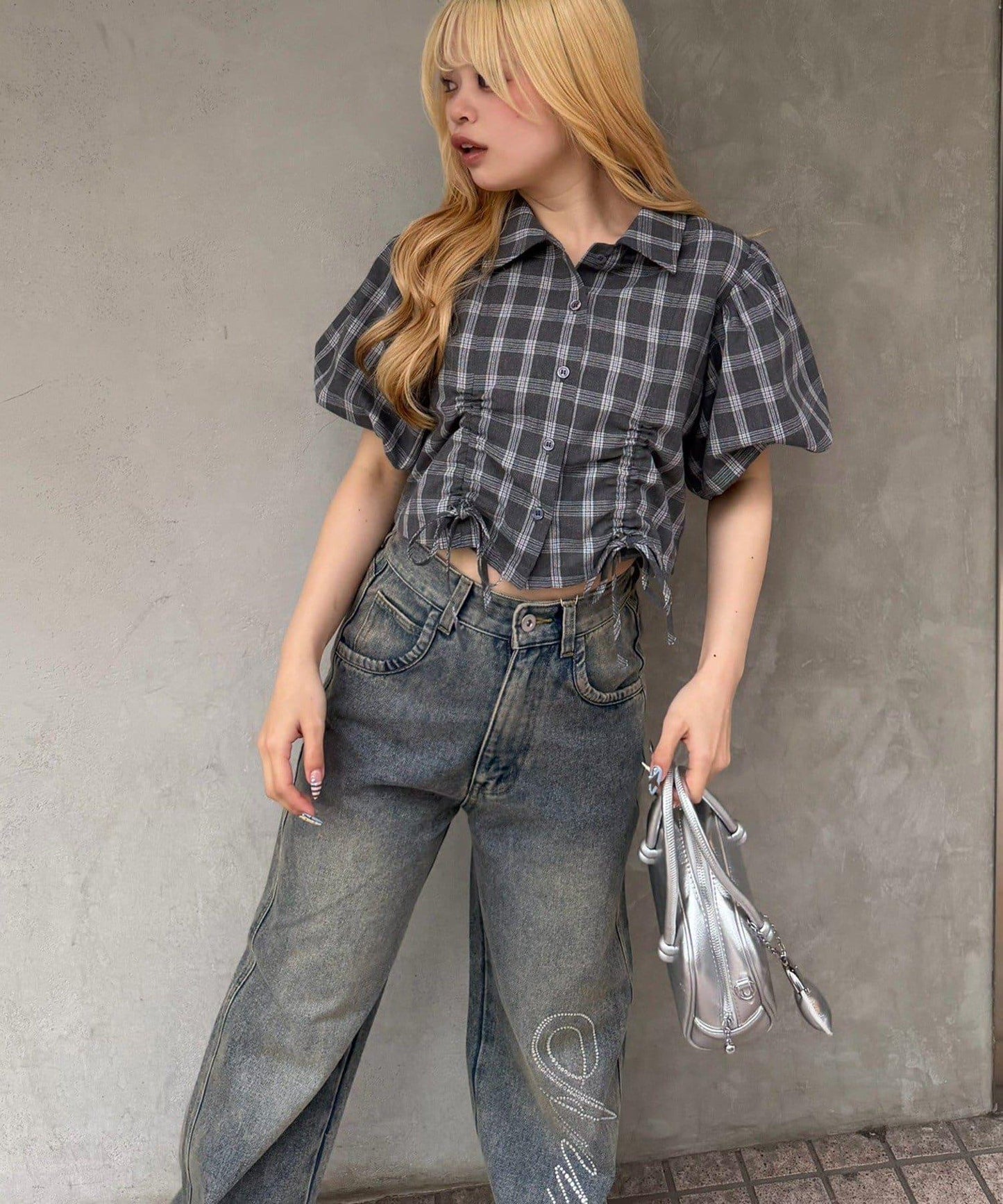 泡泡袖 抽繩設計 短款 襯衫