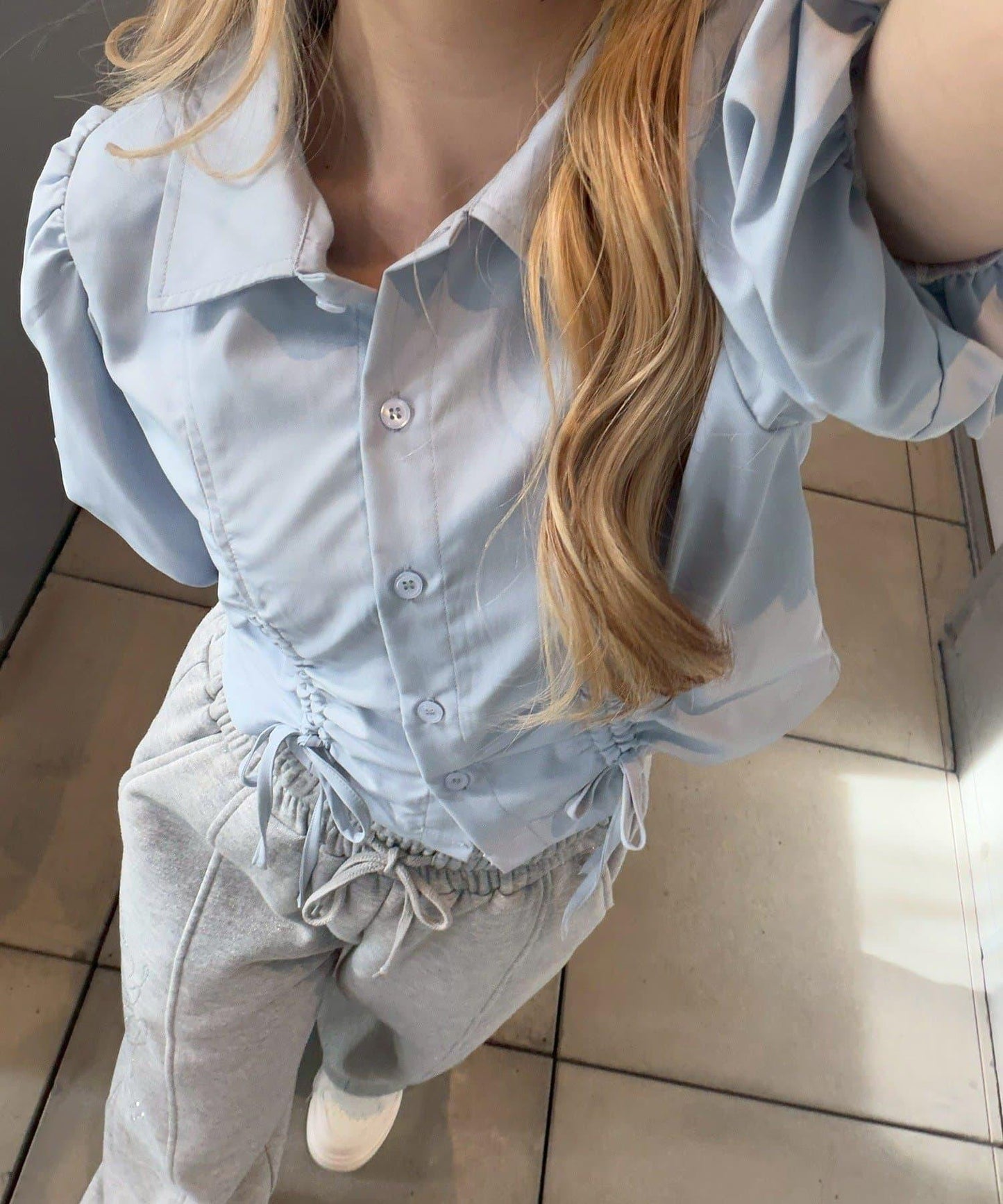 泡泡袖 抽繩設計 短款 襯衫