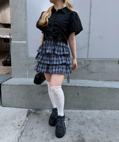 泡泡袖 抽繩設計 短款 襯衫