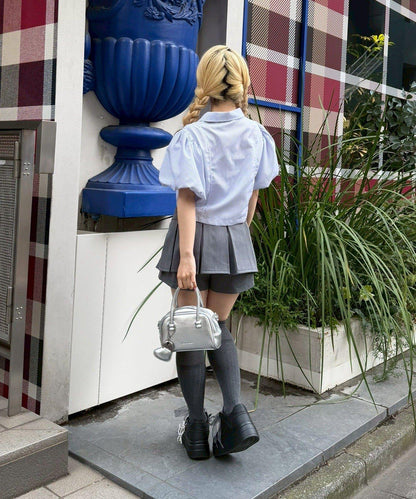 泡泡袖 抽繩設計 短款 襯衫