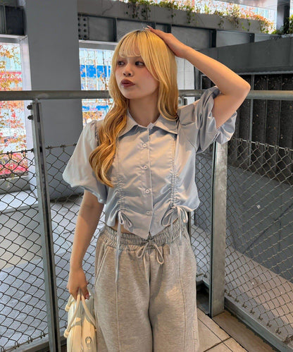 泡泡袖 抽繩設計 短款 襯衫