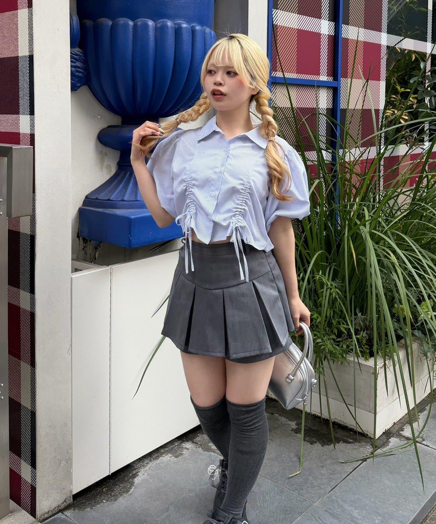 泡泡袖 抽繩設計 短款 襯衫