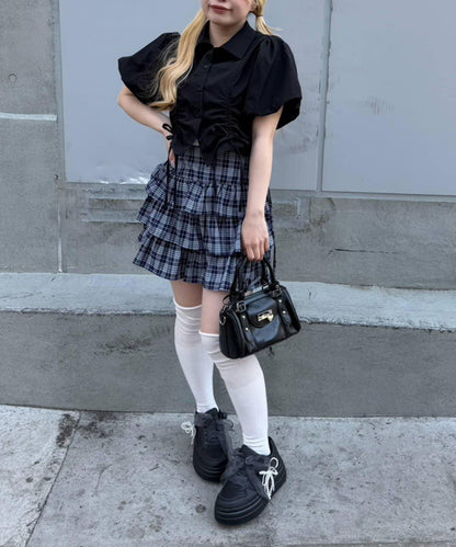 泡泡袖 抽繩設計 短款 襯衫