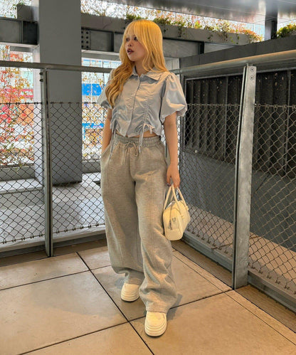 泡泡袖 抽繩設計 短款 襯衫