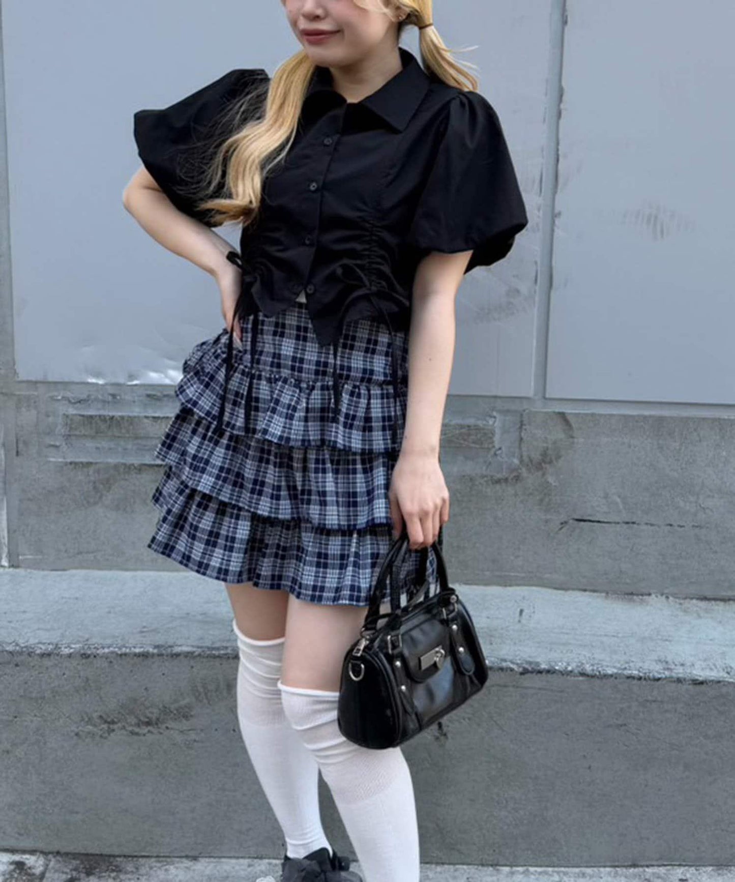 泡泡袖 抽繩設計 短款 襯衫