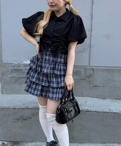 泡泡袖 抽繩設計 短款 襯衫