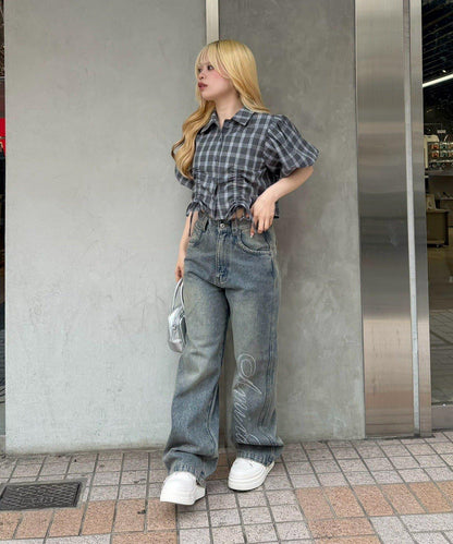 泡泡袖 抽繩設計 短款 襯衫