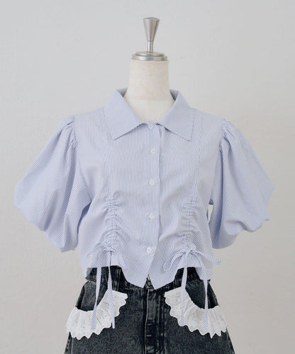 泡泡袖 抽繩設計 短款 襯衫