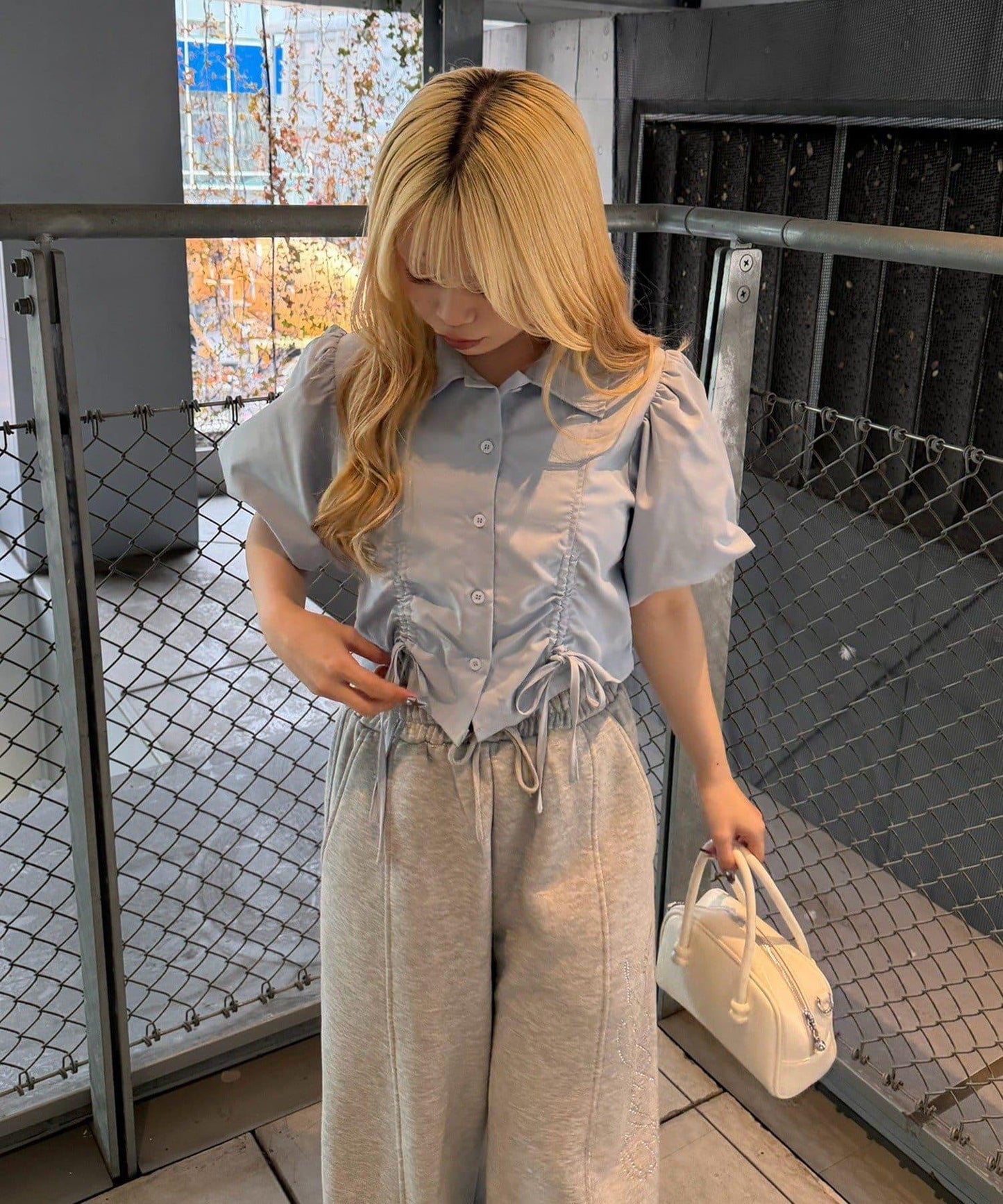 泡泡袖 抽繩設計 短款 襯衫