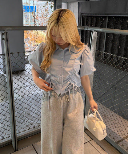 泡泡袖 抽繩設計 短款 襯衫