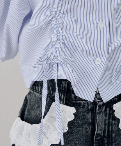 泡泡袖 抽繩設計 短款 襯衫