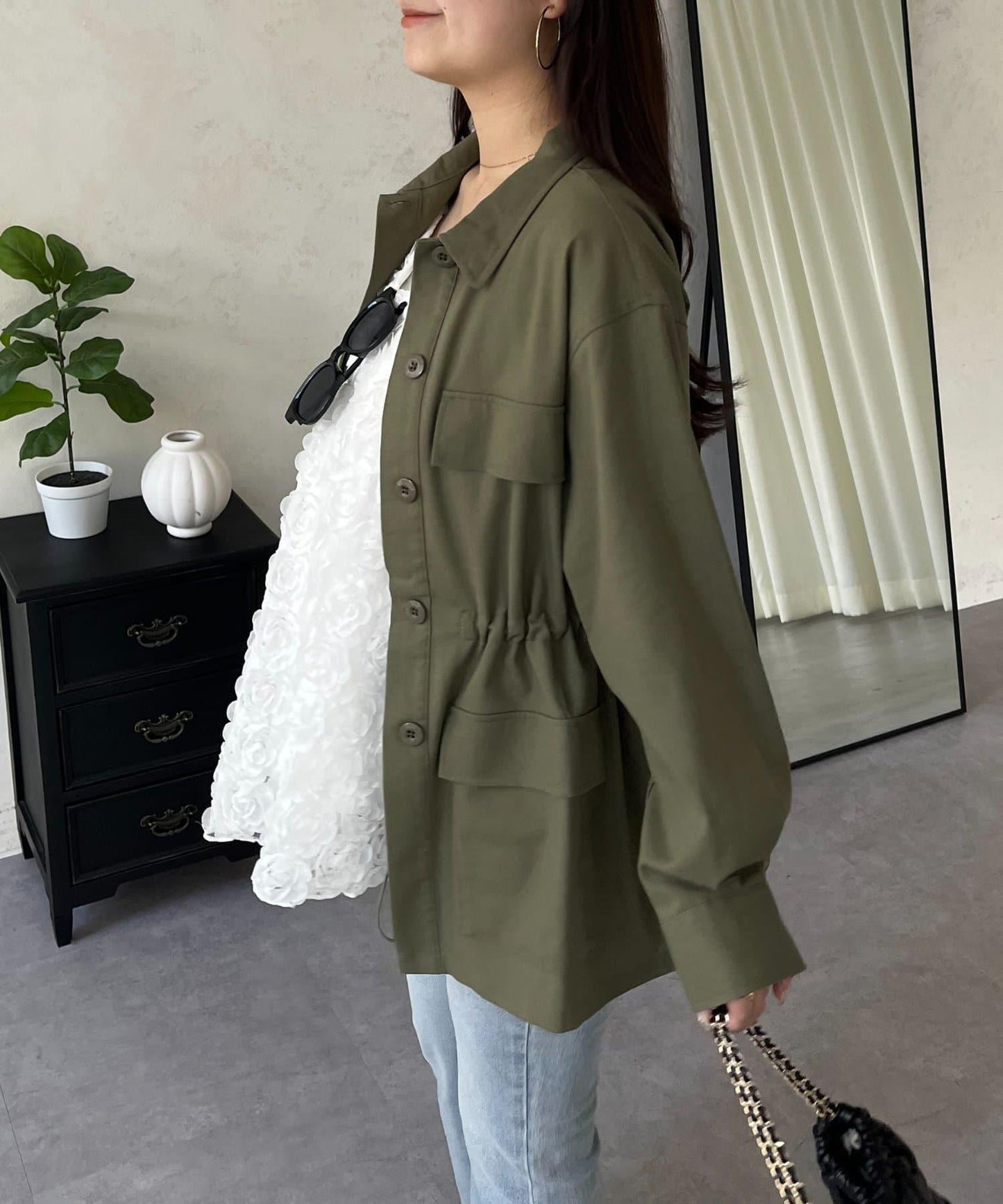 抽繩荷葉擺軍裝風襯衫