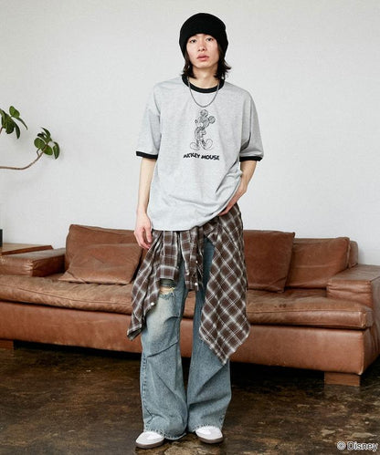 Mickey Mouse ミッキーマウス（米老鼠） 功能性面料 手繪圖案 Ringer圓領T恤