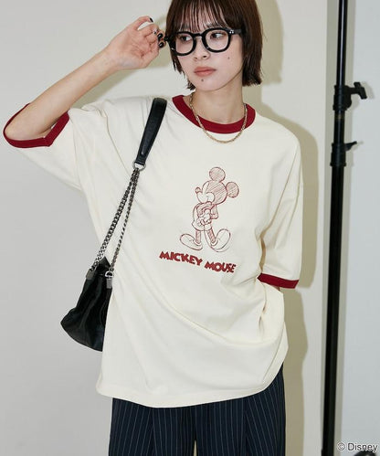 Mickey Mouse ミッキーマウス（米老鼠） 功能性面料 手繪圖案 Ringer圓領T恤