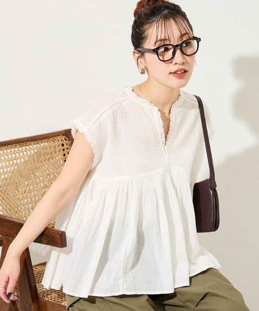 菱形刺繡荷葉邊無袖襯衫