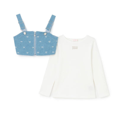 熱門商品補貨 直營店無售 蝴蝶結刺繡 束胸上衣+長袖T恤 套裝