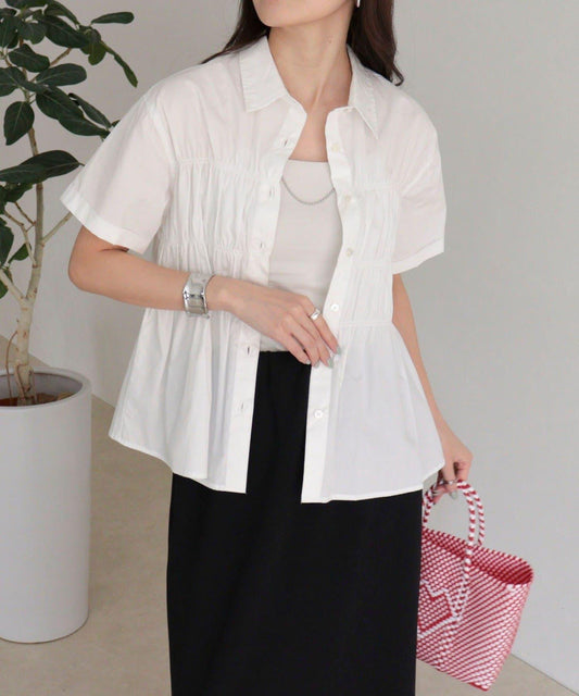 抽褶設計短袖襯衫