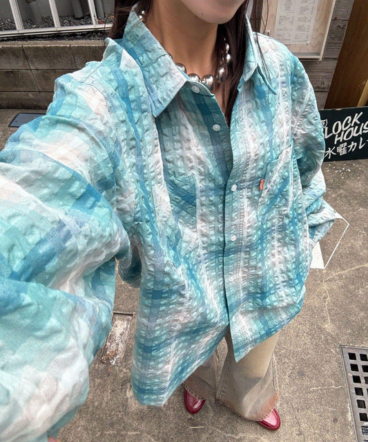 格紋泡泡布長袖襯衫