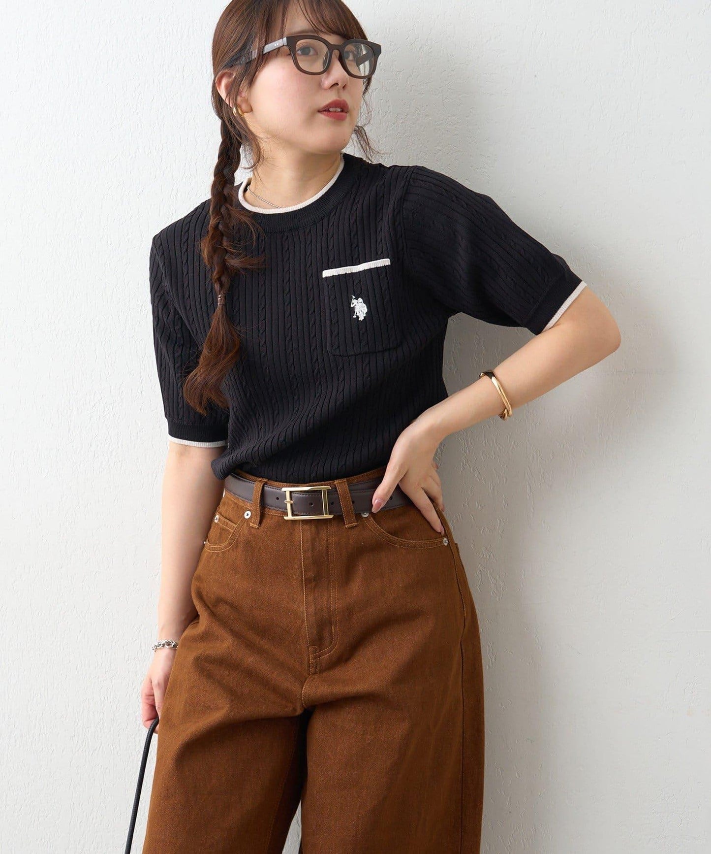 U.S.POLOASSN. 麻花紋口袋設計針織套頭衫