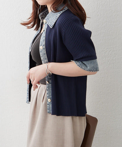 清爽休閒風牛仔拼接針織開衫