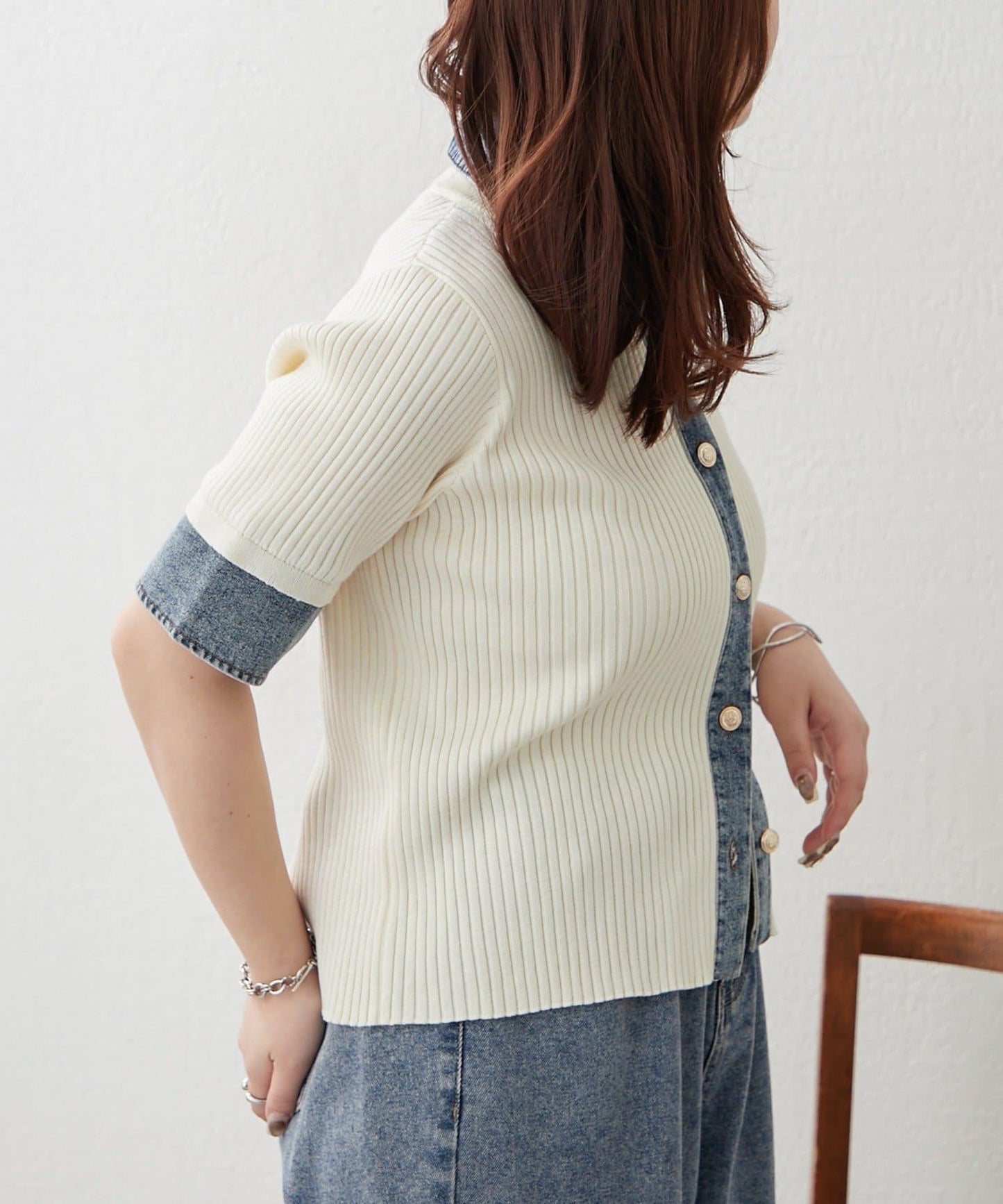 清爽休閒風牛仔拼接針織開衫