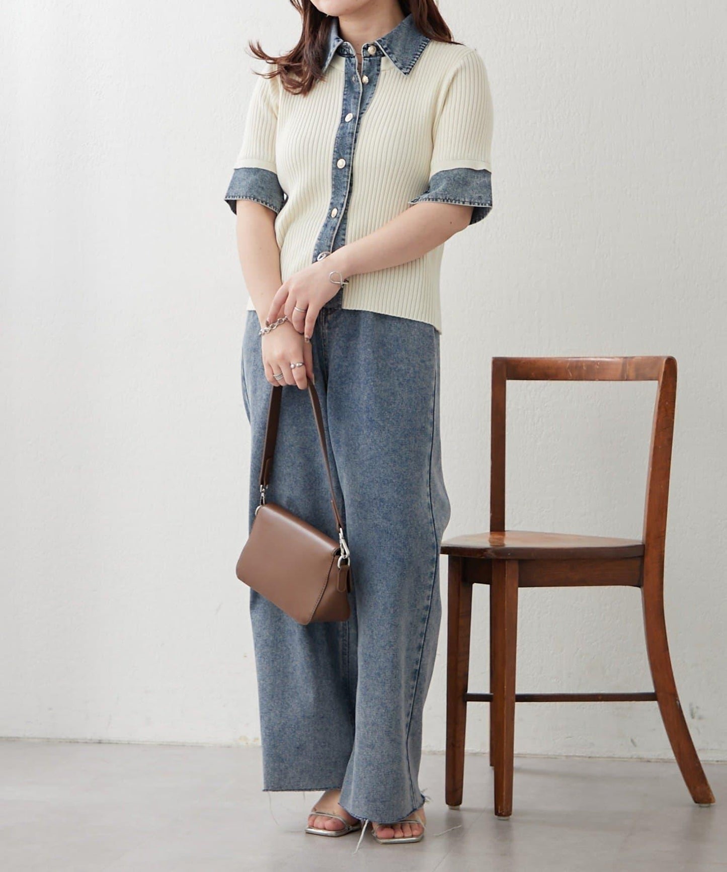 清爽休閒風牛仔拼接針織開衫