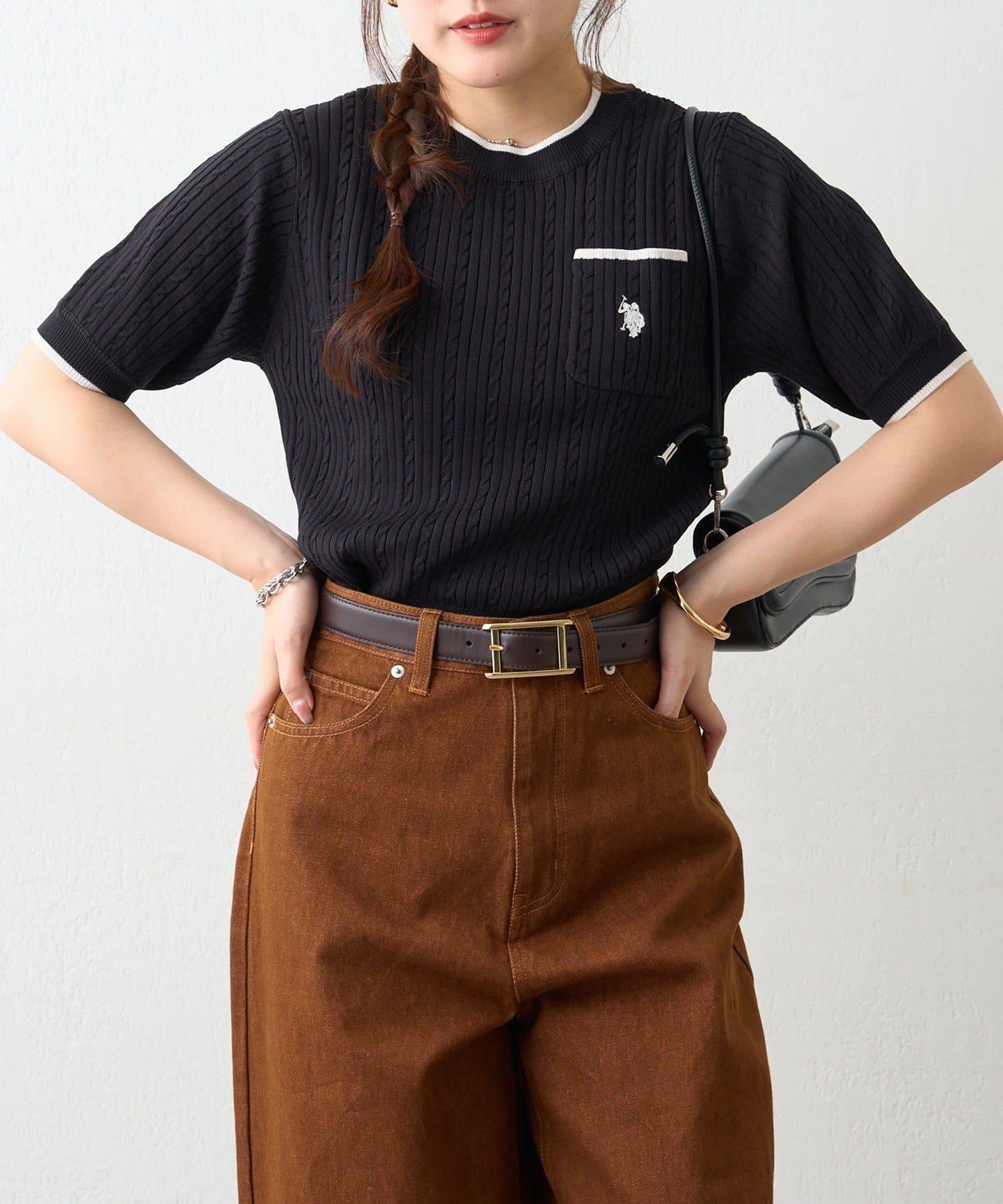 U.S.POLOASSN. 麻花紋口袋設計針織套頭衫