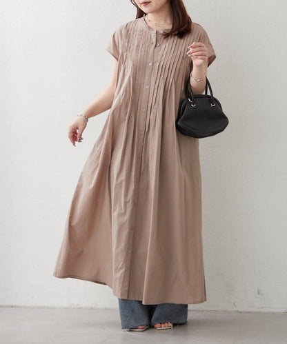 輕盈面料 法式短袖 褶皺 連衣裙