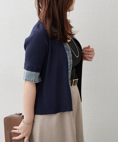 清爽休閒風牛仔拼接針織開衫