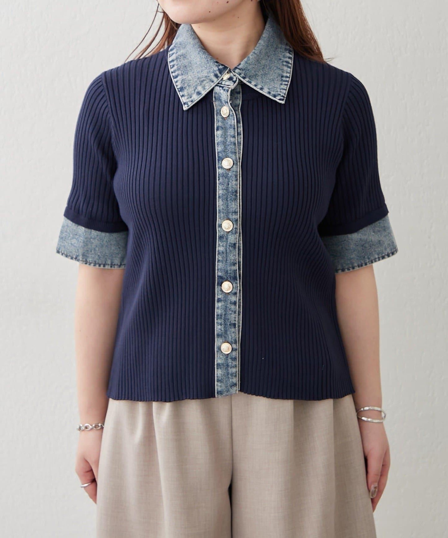 清爽休閒風牛仔拼接針織開衫