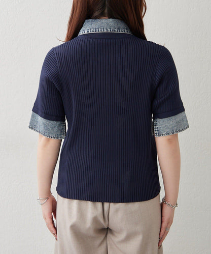 清爽休閒風牛仔拼接針織開衫