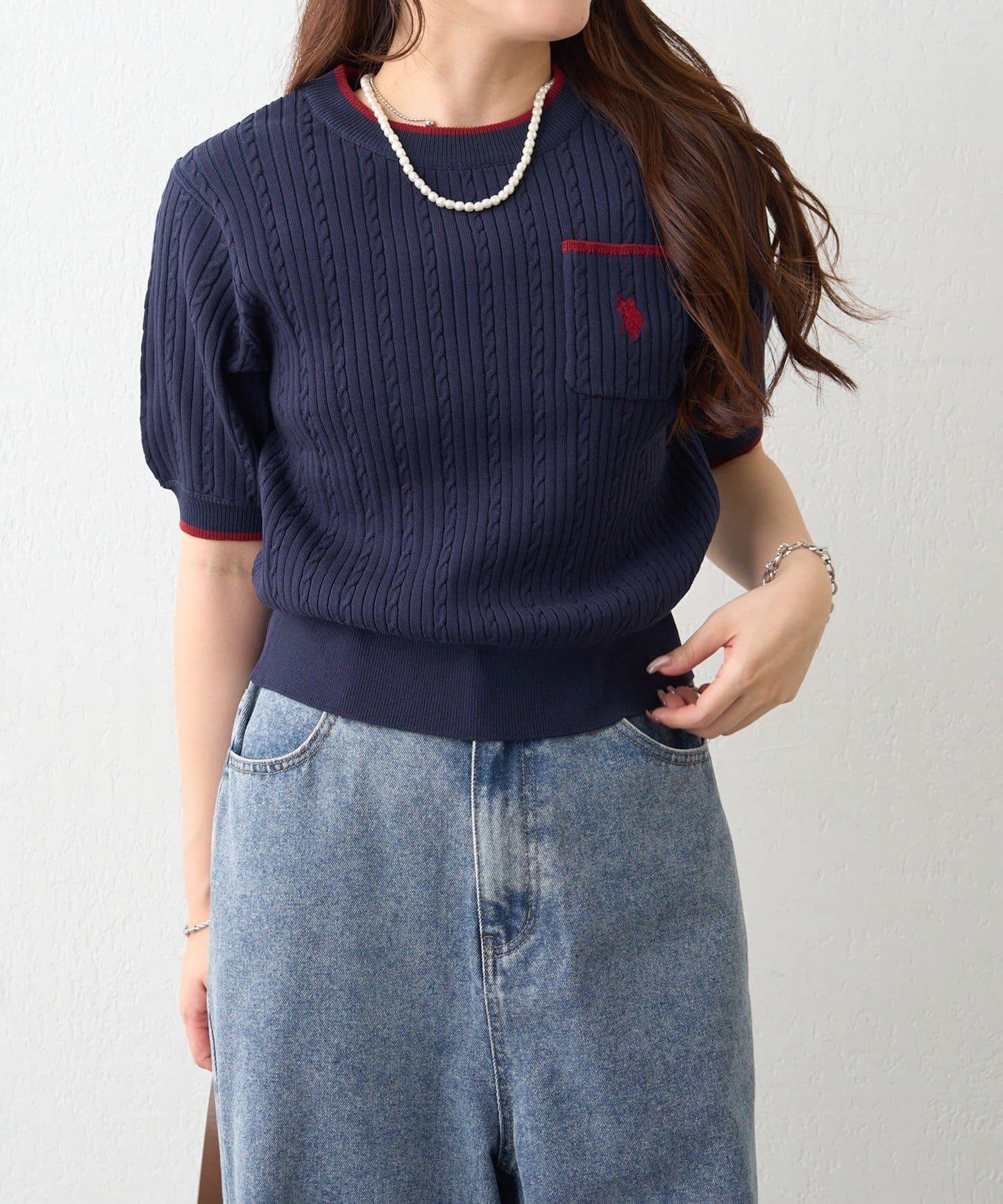 U.S.POLOASSN. 麻花紋口袋設計針織套頭衫