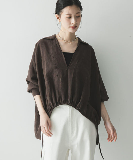 亞麻人造絲抽褶下襬襯衫