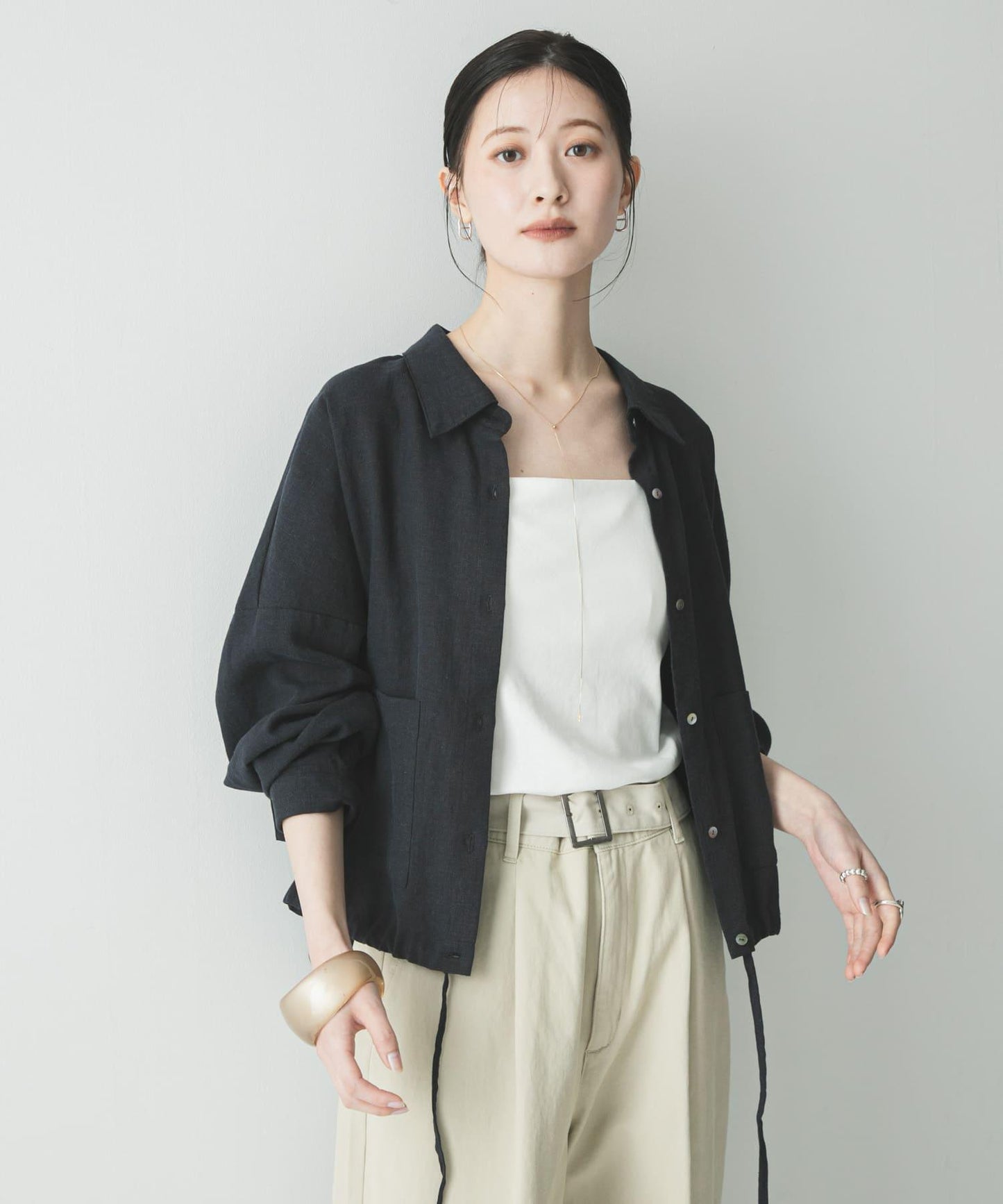 亞麻人造絲寬鬆短款襯衫