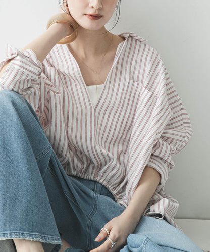 亞麻人造絲抽褶下襬襯衫