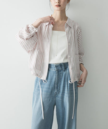 亞麻人造絲寬鬆短款襯衫